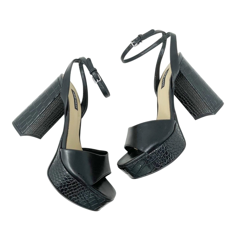 Nine West Women's Black Crocodile Faux Leather Block Heels Size 8 1/2 M Chunky